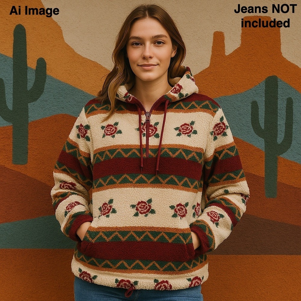 90s Express Fleece Pullover Hoodie Women M Aztec‎ Southwestern Boho Desert Rose